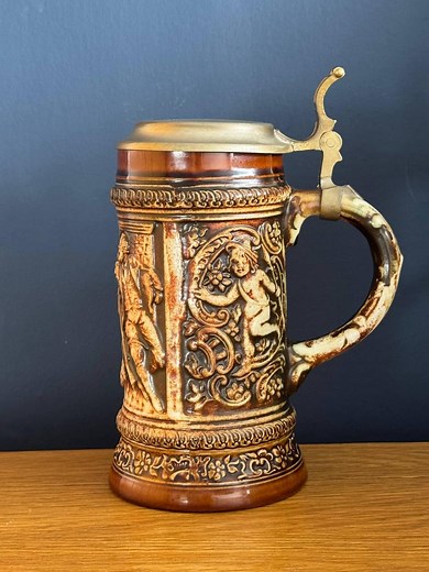 Vintage German Beer Stein With Pewter Lid - Embossed Rustic Tavern Scene - Etsy