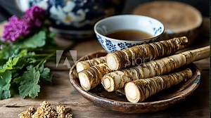 A plate of dried burdock root sits next to a cup of tea on a wooden table, ready for use in a medicinal preparation