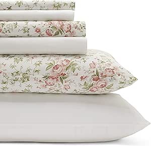 Laura Ashley - Queen Sheets, Cotton Percale 6-Piece Bedding Set, Crisp & Cool Home Decor (Marissa Coral, Queen)
