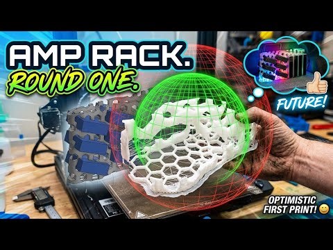 The video is about printing the first slice of AMP RACK V1. Amateur results? Optimistic!
