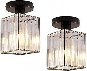 2 Pack Modern Crystal Semi Flush Mount Ceiling Light, Black Hall Lights Fixtures, Hallway Lighting Fixtures with Clear Crystal Shades for Entryway Porch Kitchen Bedroom Living Room