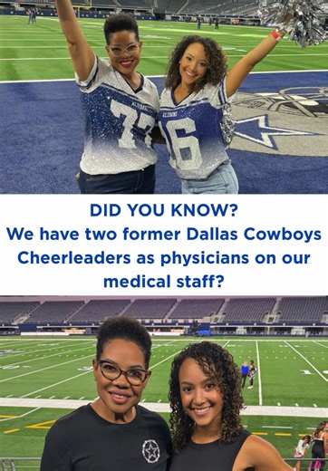 Can you believe Methodist Health System has two former @dallascowboyscheerleaders🤍💙 working as physicians on our medical staff? We're pretty sure no one else can say that 💙⁠ ⁠ Recently, one of them spent time educating and inspiring the cheer team at Midlothian High School, who are headed to Nationals this weekend. These young athletes put their bodies through a lot, and who better to remind them to stay healthy and safe! Very cool! #dallascowboys #cheerleaders #doctors #dallas