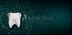 Green medical dental background with 3d tooth. Technical animation of particles and HUD element. Looped motion graphics.