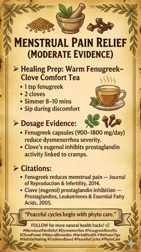 𝗠𝗘𝗡𝗦𝗧𝗥𝗨𝗔𝗟 𝗣𝗔𝗜𝗡 𝗥𝗘𝗟𝗜𝗘𝗙 — (𝗠𝗢𝗗𝗘𝗥𝗔𝗧𝗘 𝗘𝗩𝗜𝗗𝗘𝗡𝗖𝗘) ➤ Healing Prep: Warm Fenugreek–Clove Comfort Tea • 1 tsp fenugreek • 2 cloves • Simmer 8–10 mins • Sip during discomfort ➤ Dosage Evidence: • Fenugreek capsules (900–1800 mg/day) reduce dysmenorrhea severity. • Clove’s eugenol inhibits prostaglandin activity linked to cramps. ➤ Citations: • Fenugreek reduces menstrual pain — Journal of Reproduction & Infertility, 2014. • Clove (eugenol) prostaglandin inhibition — Pros