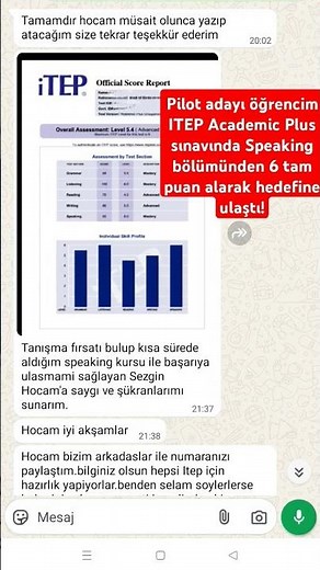 Pilot adayı öğrencim ITEP Academic Plus sınavına girip Speaking bölümünden "6" tam puan aldı! itep#