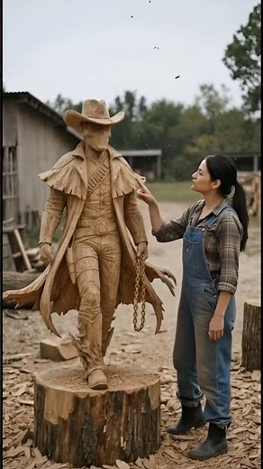 From Log to Cowboy 🤠 Realistic Wood Sculpture Process #shorts