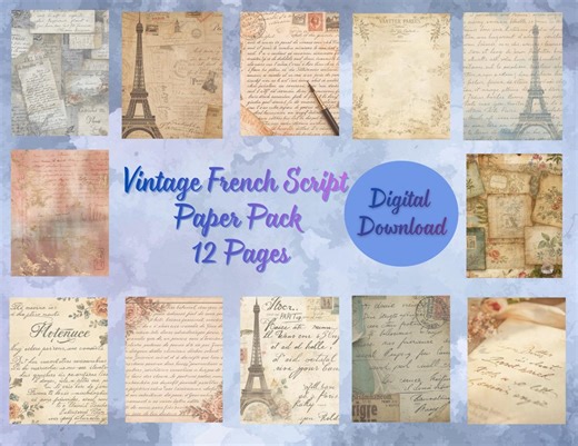 Vintage French Script Digital Paper Pack, Antique Paris Backgrounds, Shabby Chic Scrapbook Paper, Junk Journal Pages (instant Download) - Etsy