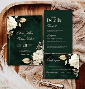 Elegant Dark Green and Gold Wedding Invitation Set, Floral Ivory Rose Invites, Luxury Emerald & Gold Foil Invites, Classic Romantic Invites - Etsy