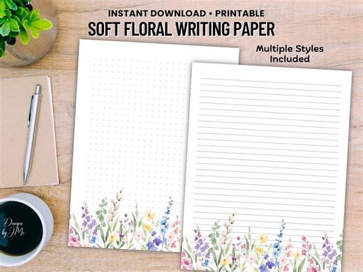 Printable Floral Writing Paper, Lined Dotted Unlined Pages, Pretty Stationery Paper, Journal Paper Printable, Letter Writing Paper - Etsy