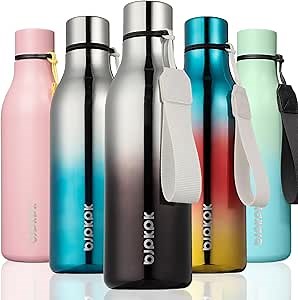 BJPKPK Insulated Water Bottles, 18 oz Stainless Steel Metal Water Bottle with Strap, BPA Free Leak Proof Jugs, Mugs, Flasks, Reusable Thermal Flasks for Sports & Travel, Silver Miner