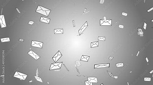 Letter mail postal envelope floating falling disappear 3D animation on gradient background stationary visual delivery digital design abstract dynamic colour grey white