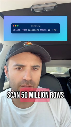 stevencodes | SWE 🧑🏻‍💻 | Why does deleting ONE customer scan 50 million rows?! 😱 This missing index turns a simple DELETE into a 45-second nightmare. Here’s the... | Instagram