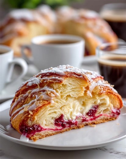 🍓🥐 Raspberry Cream Cheese Crescent Ring 💛 Flaky, golden crescent dough wrapped around a sweet cream cheese filling and vibrant raspberry pie filling, then finished with a light vanilla glaze. This bakery-style crescent ring is simple to make but looks stunning on the table—perfect for brunch, holidays, or a special breakfast at home. Ingredients Crescent Ring • 2 tubes refrigerated crescent roll dough (8 oz each) • 8 oz cream cheese, softened • ½ cup granulated sugar • ½ teaspoon almond extra