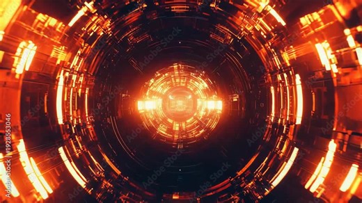 Abstract futuristic tunnel creating a gateway with radiating orange light and complex structures, conveying concepts of motion, advanced technology, and energy