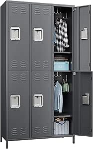 Metal Lockers for Employees with 6 Doors and 18 Hooks, Metal Employes Lockers with Ventilation Holes for School Garage Office Gym Home,Assembly Required,Dark Grey