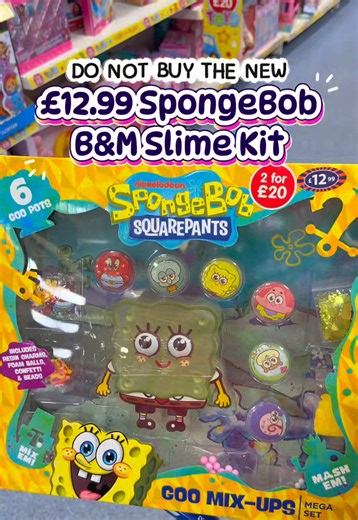 DO NOT BUY the new £12.99 SpongeBob SquarePants Goo Mix Ups Mega Slime set from B&M. This is one of the new items in the £12.99 / 2 for £20 isle in B&M ready for the Christmas season. I saw it and genuinely got excited as it looks so fun, the packaging, the pots and the add ins are perfect. The slimes on the other hand are HORRIBLE, like genuinely one of the worst new slimes of 2026 so far, even glycerine will not save them because they have been made with a glue that doesn’t work for slime. Suc