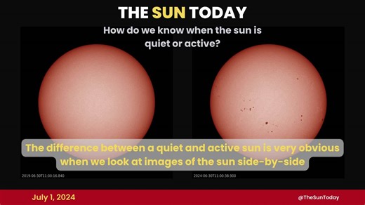 🌞 📰 Sun news July 1, 2024: A calm sun day during solar max 😮 😎 It’s a calm Monday on the sun. So how can we tell on a day like today that the sun is still active? Even the active sun (near or during solar maximum) can have periods of calm. These periods can last days or even weeks. 🤔 On average, as we approach solar maximum, these periods of calm are shorter. One way to see the difference between the active and quiet sun is to compare images of the sun during these periods side-by-side. 🤔 