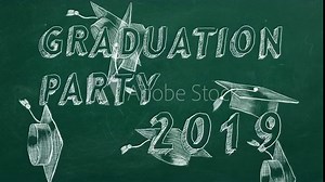 Hand drawing text "Graduation party. 2019" and graduation caps on green chalkboard.