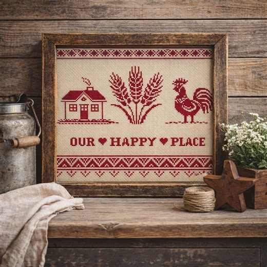Country Sampler Cross Stitch Pattern – Our Happy Place, Primitive Folk Home Design, Rooster and Wheat PDF - Etsy