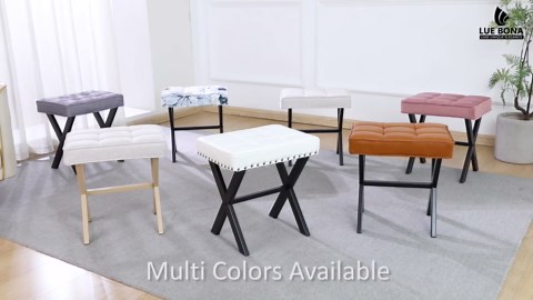 LUE BONA Vanity Stool - Square Linen Makeup Seat With Metal X Legs, Small Ottoman Chair for Makeup Room, Living Room, Bathroom - Modern Padded Foot Rest, Dark Gray