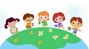 Cartoon cute kids with cards in hands. Education and numbers. Full colour animation on white background for .