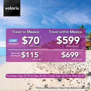 9.1K views · 68 reactions | Seize the day and book your next flight today starting at $115 USD or $70 USD for our v.club members ✈️ https://bit.ly/3kJEI7p Travel from September to November 2020. | Volaris | Facebook