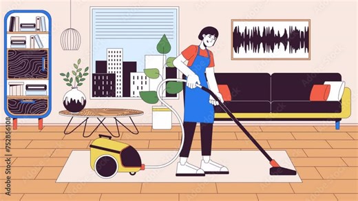 Professional cleaning service line cartoon animation. Help with housekeeping 4K video motion graphic. Asian woman working with vacuum cleaner 2D linear animated character on living room background