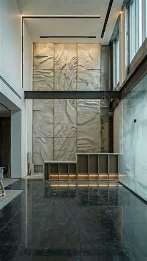 Ultra-Modern Lobby Renovation: Sculpted Stone Wall and Floating Desk #shorts
