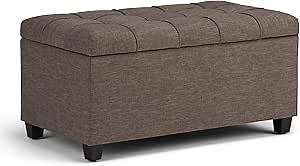 SIMPLIHOME Sienna Storage Ottoman Bench - 33 inch Wide Upholstered Linen Look Fabric Rectangle Storage Ottoman Bench in Tanners Brown, Transitional Tufted Ottoman for Living Room with Lift Top