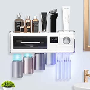 Toothbrush Holder Wall Mounted, Automatic Toothpaste Dispenser with Cleaning Function, 4 in 1 Toothbrush and Toothpaste Holder with Magnetic Mouthwash Cups, 4 Toothbrush Organizer Slots