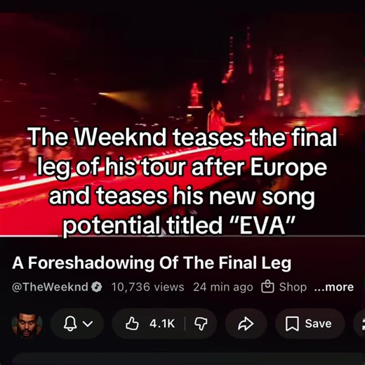Abel is teasing the last of his tour and his potential new song “EVA” is foreshadowing what’s to come. I think it’s most definitely gonna be in Asia since he’s been teasing it a lot. I think the foreshadowing is him hinting at the Japan themed album he’s dropping after Europe so he can perform it at Asia which will include the Neon Genesis Evangelion sample song. #fyp #trending #theweeknd #xo #music