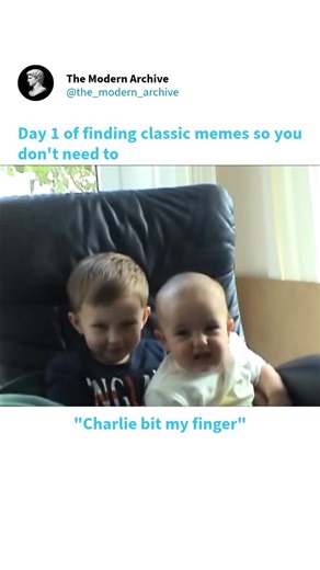 the modern archive on Instagram: "“Charlie Bit My Finger” is one of the most iconic viral videos in internet history, capturing a spontaneous and relatable moment between two young brothers. Uploaded to YouTube in May 2007 by their father, Howard Davies-Carr, the 56-second home video shows three-year-old Harry placing his finger into his baby brother Charlie’s mouth—only for Charlie to bite down unexpectedly. Harry’s amused yet pained reaction, punctuated by his exclamation “Ouch, Charlie! That