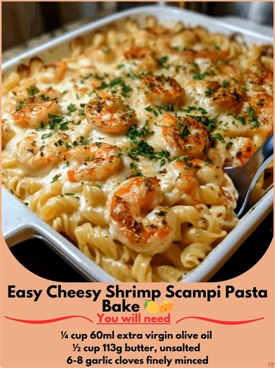 "Easy  Cheesy Shrimp Scampi Pasta Bake 燎 Tender shrimp, zesty garlic butter, lemon, and pasta baked to golden perfection with gooey cheese—this comforting bake is fancy enough for guests but easy enough for weeknights.  Ingredients (Serves 6–8): Main Ingredients: 1 lb pasta (cavatappi, cellentani, penne, or rotini) 1½ lbs large shrimp (peeled & deveined)" ..... Full Recipe in Coʍmеոτ   | Home-Cooked Happiness | Facebook