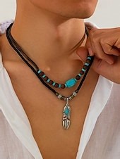 Men's Vintage Feather Pendant Necklace with Turquoise Beads – Tribal Style Leather Rope Jewelry for Festivals, Travel and Everyday Casual Wear 2025 - $11.99