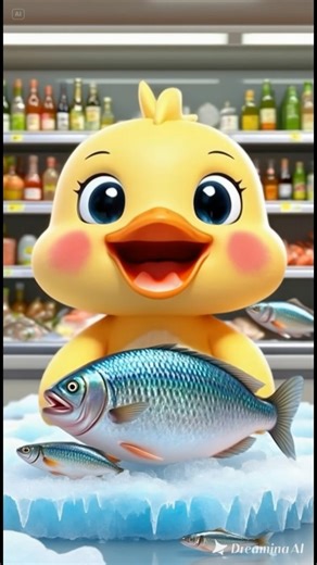 A kind-hearted duck buys fish to eat together with its family at home