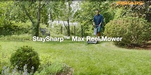 Fiskars Spindelmäher, Rasenmäher mit berührungslosem Schneidesystem, Schnittbreite: 46 cm, StaySharp Max, Schwarz/Orange/Silber, 1000591