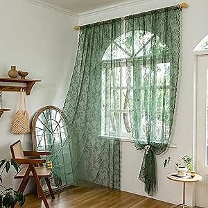 Sutuo Home Olive Green Lace Curtains for Bedroom Living Room 84 Inches Long 2 Panels Set, Dark Hunter Sheer Vintage Floral Embroidery Window Treatment Pair Christmas Decor, Rod Pocket, W57 x L84