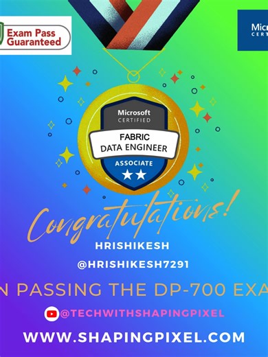 🎉 Huge Congratulations to Hrishikesh @hrishikesh7291 🎉 Thrilled to celebrate your achievement in earning the DP‑700: Microsoft Certified Fabric Data Engineer Associate certification. This is a serious milestone that reflects your dedication, deep technical skill, and commitment to mastering the evolving world of data engineering. Your hard work is paying off, and this certification is just the beginning of even bigger things ahead. Keep pushing boundaries and inspiring others along the way. 👏