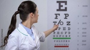 Lady optometrist upset with bad eyesight test results, frowning and shaking head