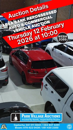 🚨 ABSA Bank Vehicle Auction – Gqeberha (PE) & Bloemfontein 🚨 Two locations, one webcast. A solid lineup of bank-repossessed vehicles goes under the hammer on Thursday 12 February 2026 at 10:00 — bid online and secure real value. 👉 View details & register: https://bit.ly/3NQa5RU #Auction #VehicleAuction #ABSA #Gqeberha #Bloemfontein #ParkVillageAuctions #WebcastAuction #BidOnline | Park Village Auctions