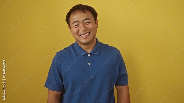 Young chinese man standing with cheeks puffing a funny face, mouth inflated while catching air over isolated yellow background
