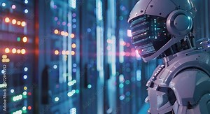 Futuristic Robot in Data Center with Tablet, Artificial Intelligence, Server Room, Cybersecurity, Automation, Technology