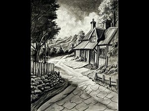 Landscape Drawing with Pencils | Step by Step Charcoal Art | Sky, Clouds, Mountain, Trees, Cottage