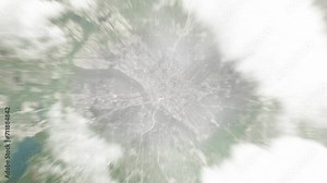 Earth zoom in from space to Dallas, United States. Followed by zoom out through clouds and atmosphere into space. Satellite view. Travel intro. Images from NASA