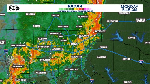 5:45 AM Radar Update: Storms continue to make their way across the metroplex at around 45 mph. We could still see wind gusts to 30 mph and isolated pea size hail. #txwx | WFAA Weather