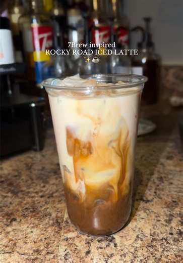 7Brew Inspired Rocky Road Latte: caramel sauce hazelnut syrup toasted marshmallow syrup @Torani 2 tsp of instant espresso 2oz of water (or double shot of espresso) Ice 4-6oz of milk #7brew #coffeeathome #coffee #icedlatte #coffeetime