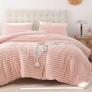 Smoofy Fluffy Twin Comforter Sets 2 Pieces - Blush Pink Fleece Fluffy Comforter Set, Luxury Fuzzy Twin Bedding Set, Soft Twin Size Comforter All Season, Heavy Faux Fur Comforter with Pillow Cases
