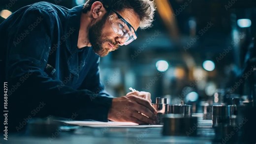 Technician conducts visual quality control inspection on metal parts carefully checking for surface defects under bright industrial lighting.