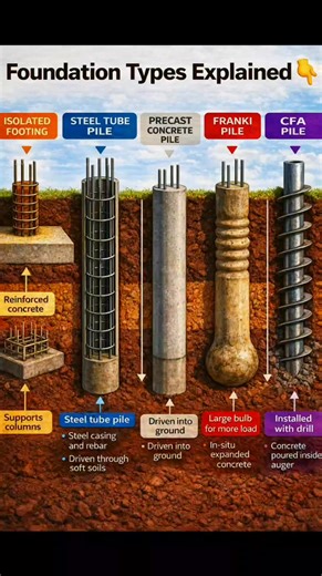 🚧 𝗙𝗢𝗨𝗡𝗗𝗔𝗧𝗜𝗢𝗡 𝗧𝗬𝗣𝗘𝗦 𝗘𝗫𝗣𝗟𝗔𝗜𝗡𝗘𝗗 👷‍♂️🏗️ (A Must-Know Guide for Civil Engineers, Students & Builders) Understanding foundations is the 𝗕𝗔𝗦𝗘 of every strong structure. This visual explains the 𝗺𝗼𝘀𝘁 𝗰𝗼𝗺𝗺𝗼𝗻 𝗳𝗼𝘂𝗻𝗱𝗮𝘁𝗶𝗼𝗻 𝘁𝘆𝗽𝗲𝘀 used in construction, their purpose, and where they are best applied 👇 🟧 𝗜𝗦𝗢𝗟𝗔𝗧𝗘𝗗 𝗙𝗢𝗢𝗧𝗜𝗡𝗚 🏠 Best for: Low-rise buildings 🧱 Material: Reinforced Concrete 📌 Use: Supports single columns ✅ Advantages: ✔️ Simple 
