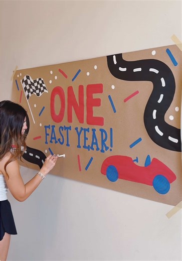 reminder that i use @decoart paint!!! shop the link in bio!!! with a code for 20% off!!!🎨🙌🏼✨🏁🏎️ #paintwithme #bannerpainting #firstbirthday #birthdaybanner #signsbyalex